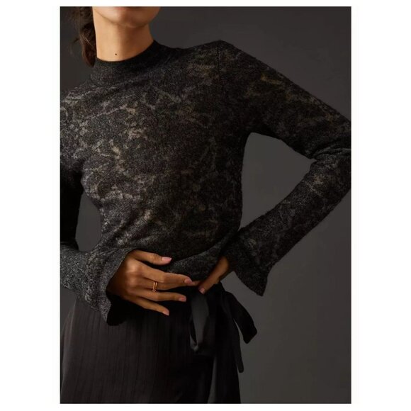 Anthropologie Sweater Lrg Hanna Lace Merino Wool Mock Neck Charcoal Ruffle Sheer - Picture 15 of 15